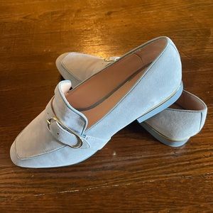 Reiss suede loafers, light blue suede with gold accents